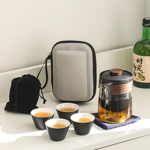玻璃旅行茶具陶瓷快客杯一壶四杯户外办R公露营茶具泡茶套 便携式
