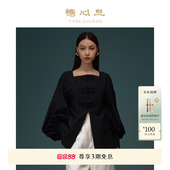 糖心旦TANGXINDAN2025春夏瑶琴 百褶方领盘扣上衣宽松 黑色灯笼袖