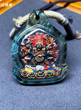 『藏说』矿物颜料纯手绘六臂大黑天药擦擦藏式文玩项链吊坠小唐卡