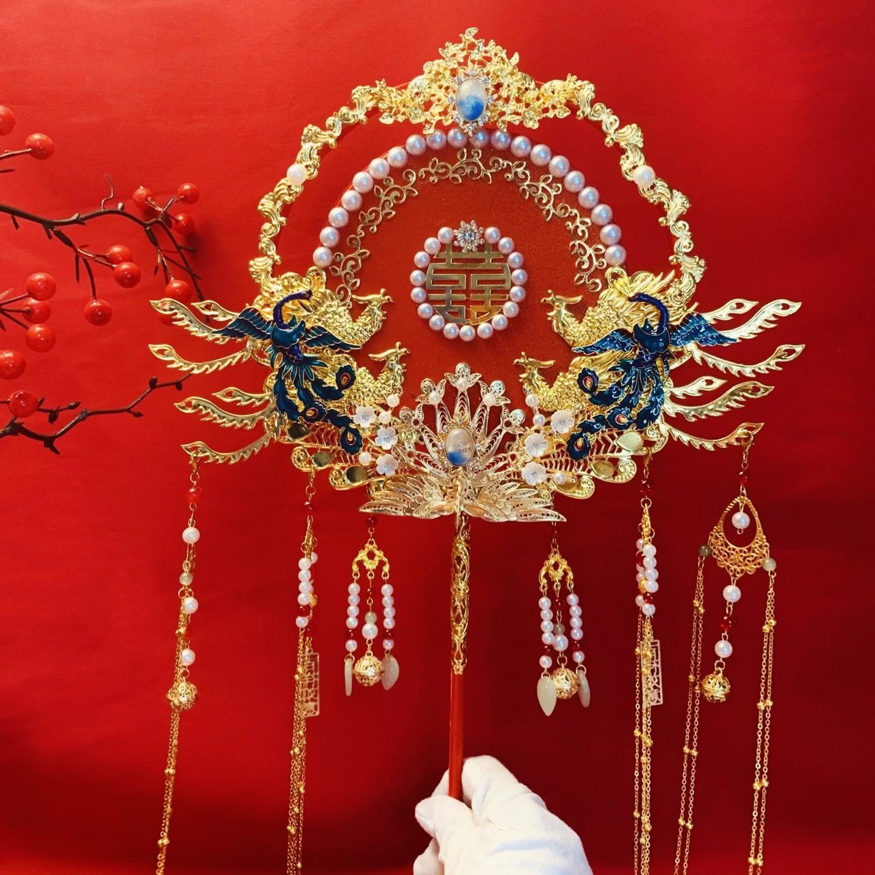 新娘团扇材料包diy婚礼接亲喜扇双面重工成品秀禾扇绢花手捧手工