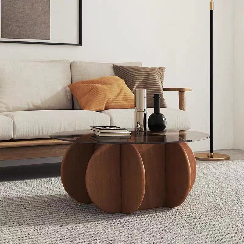 轻奢玻璃茶几现代简约小户型客厅圆形实木家用创意设计沙发边几桌