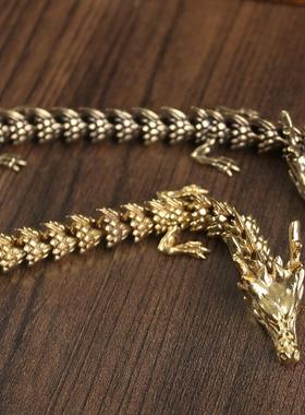 0黄铜金龙摆件手把件绕手双龙立体桌面装饰品书柜玄关复古工艺品