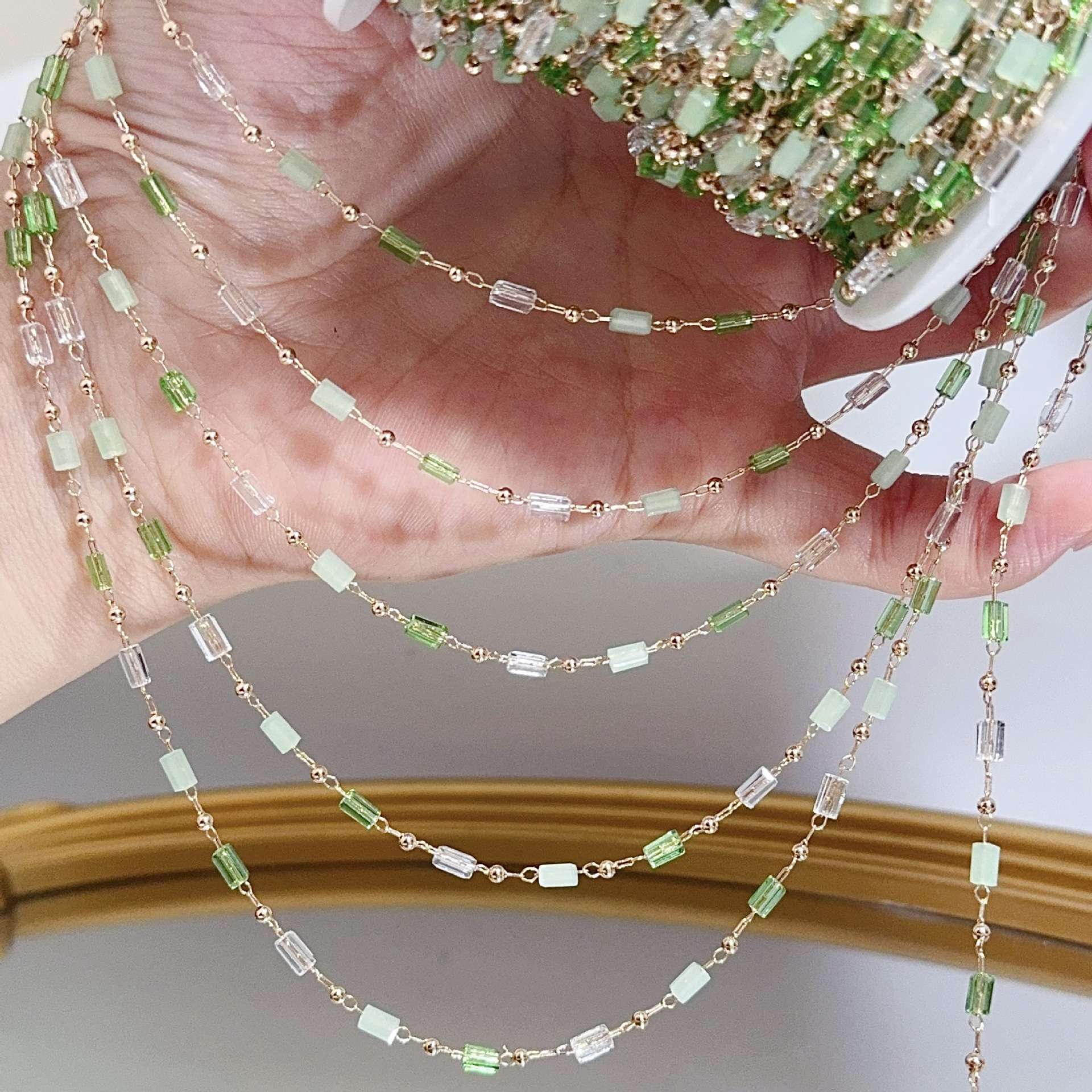 青柠夏至 diy白绿长方水晶链条纯铜高保色古风手作流苏链服装辅料