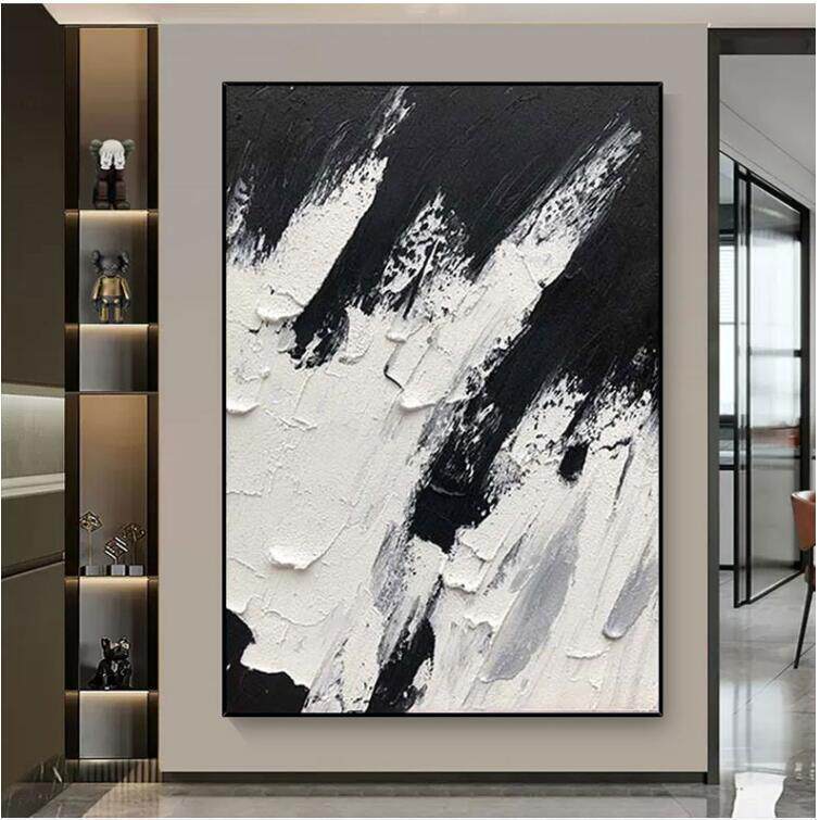 纯手工立体油画极简黑白抽象玄关装饰画轻奢玄关过道走廊入户玄幻