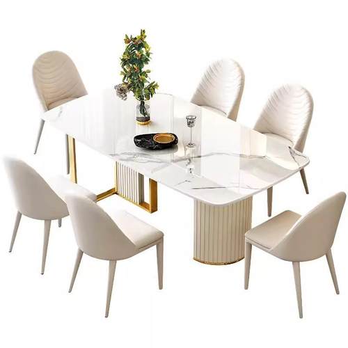 轻奢岩板餐桌椅组合白色家用小户型现代简约客厅长方形西歺桌饭桌