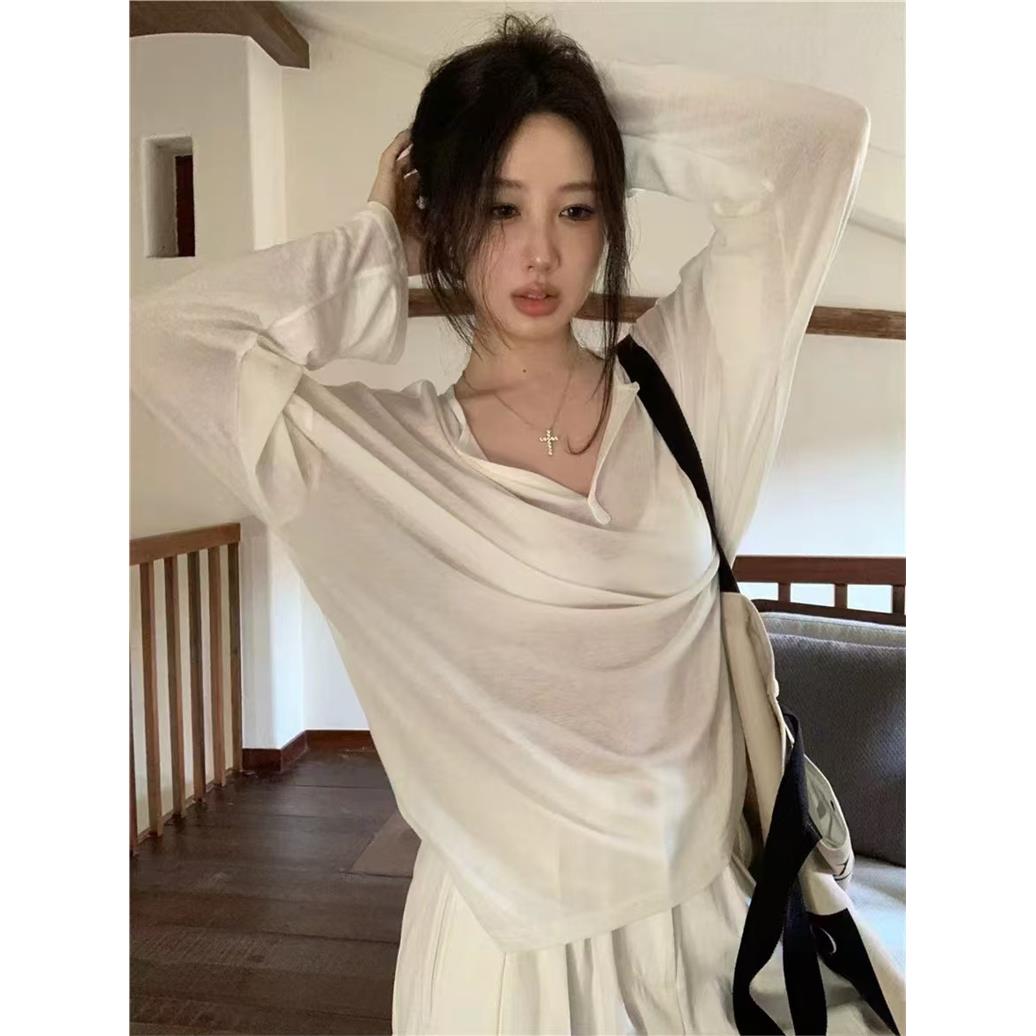 透视薄款V领长袖T恤女春
