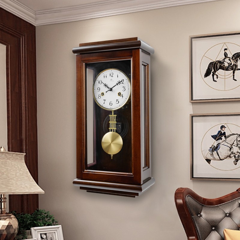 铜机芯机械挂钟中式实木发条钟表客厅复古家用机械钟W老式报时挂
