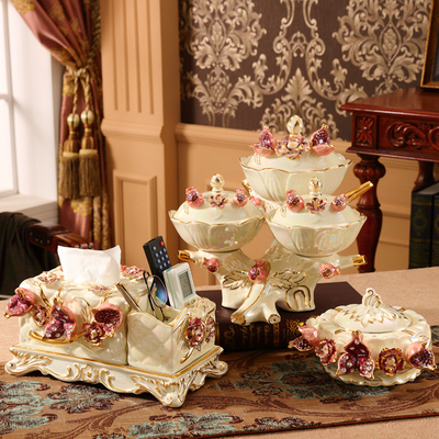 欧式果盘客厅茶几奢华高档水w果盘三件套陶瓷干果盘糖果盒创意摆