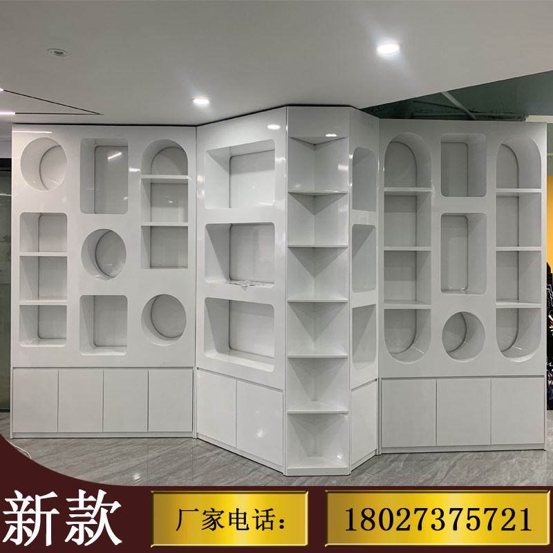 新款办公室烤漆展示柜背柜化妆品货架产品展示台S拱门异形带灯柜