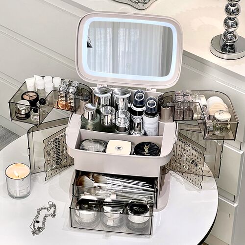 化妆品收纳盒桌面高级感大容量透明防尘盒L子梳妆台护肤品置物架