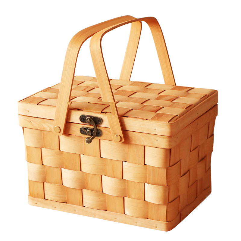 ins风户外野餐篮子木片编织手提篮桌面竹编收纳T篮带盖水果面包篮,收纳整理,购物篮,淘宝优惠券,粉丝福利购,淘宝优惠卷