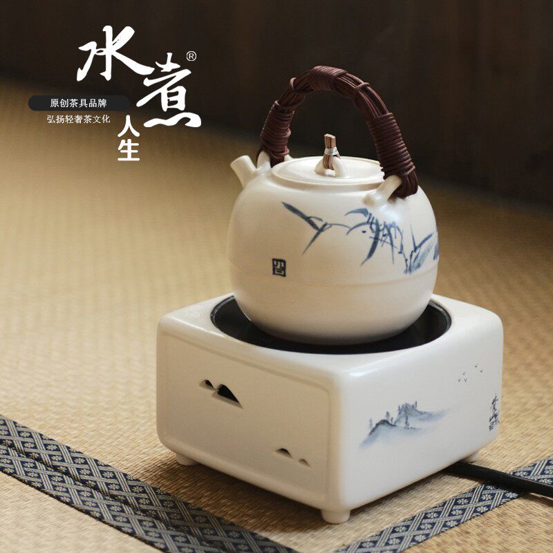 梵山堂苏打釉手绘青花煮茶壶方电陶炉功I夫茶具烧水壶可养开片陶