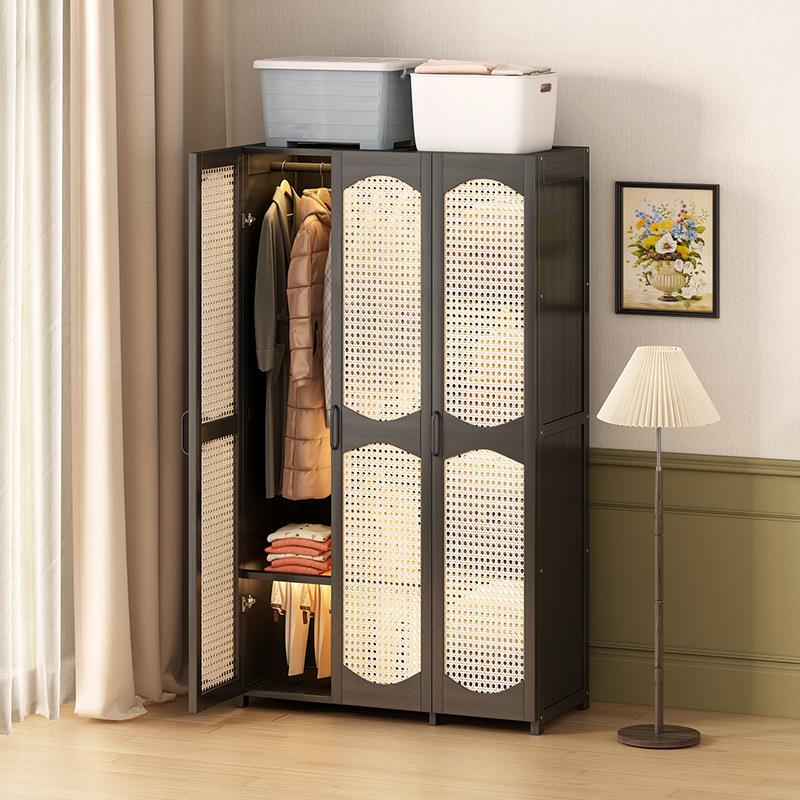 简易衣柜平开门家用衣服柜透气塑藤卧室组装衣橱非实木出租房收纳