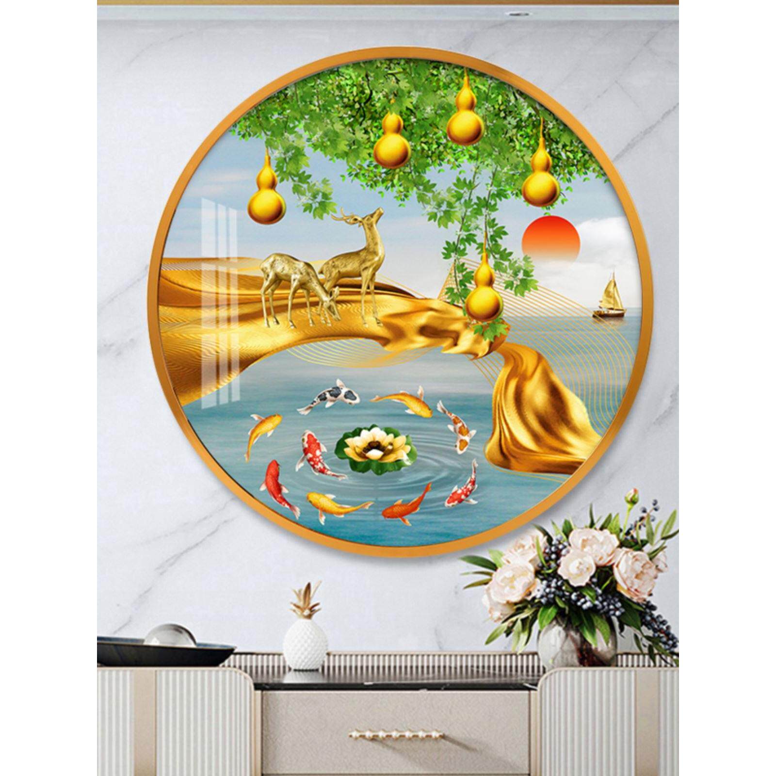 新中式圆形走廊玄关装饰画餐厅挂画五福临门葫芦招财墙壁画晶瓷画