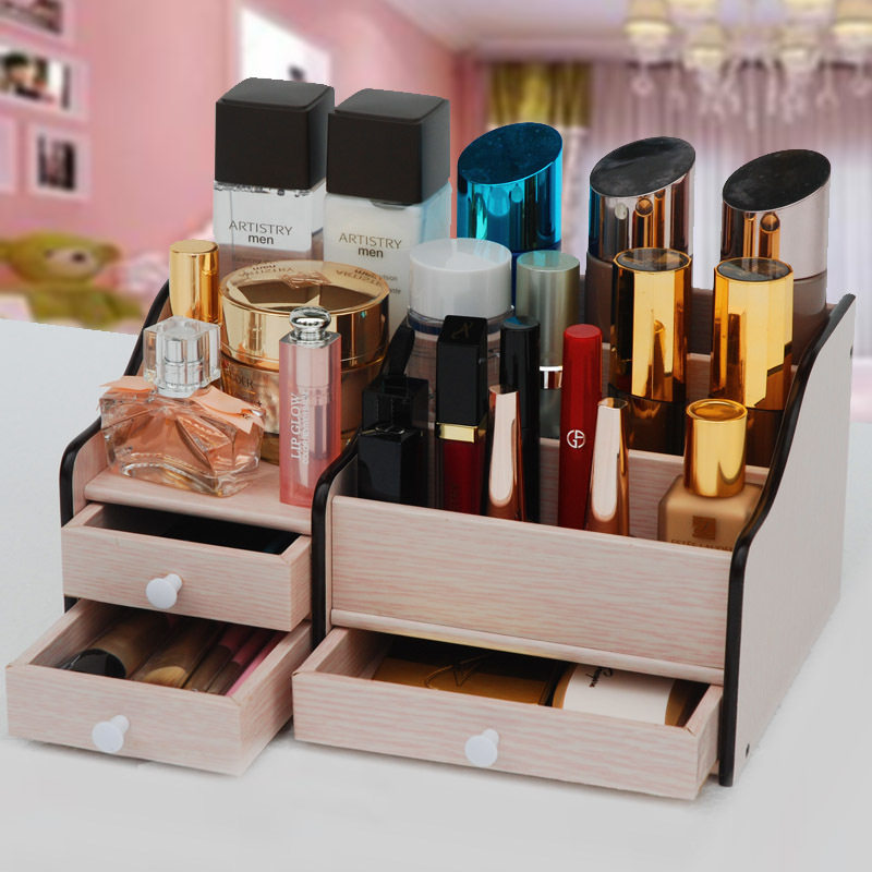 桌面护肤品化妆品收纳盒q梳妆台卧室置物架整理盒多功能家用木制
