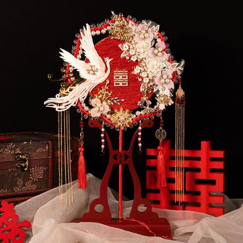 新娘结婚团扇中式秀禾diyu材料包双面重工成品新婚礼物送新娘喜扇