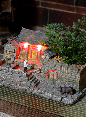 农家小院摆件盆景客n厅茶室博古架装饰品桌面微景观造景老房子模