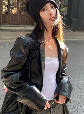 eqq皮衣外套女款2024新款秋冬中长黑色高级感pu小个子西装酷飒风