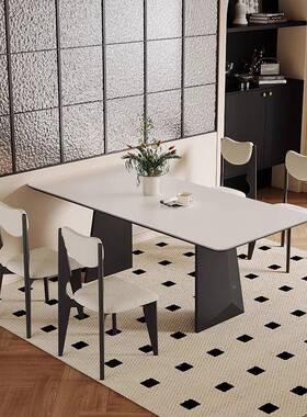 复古餐桌长方形轻奢HGF高实木腿悬浮木端哑实光白色12mm岩板餐桌