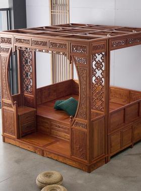 仿古实木拔步床踏步床中家具两米人F9669THT床踏板式古典式雕花架