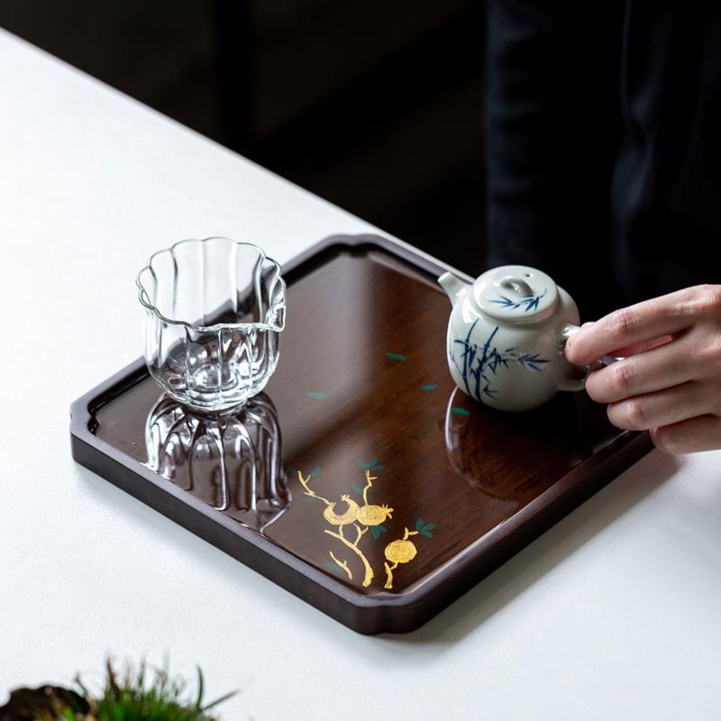 竹制壶承式家用茶盘手绘竹制茶盘绣球花圆形长方形小托盘干中复茶