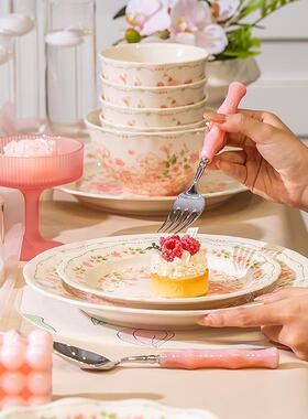 清小新粉桃花陶UTQ瓷下碗碟套装家用高温釉彩陶瓷饭碗盘子餐具色