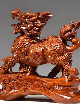 花梨木雕麟摆件一对RZP木质火麒麟公母办公居室家麒客厅纯装饰工