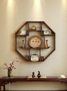 新中式物墙上博八角31266置架实木挂墙收架搁板架客厅简易壁挂式