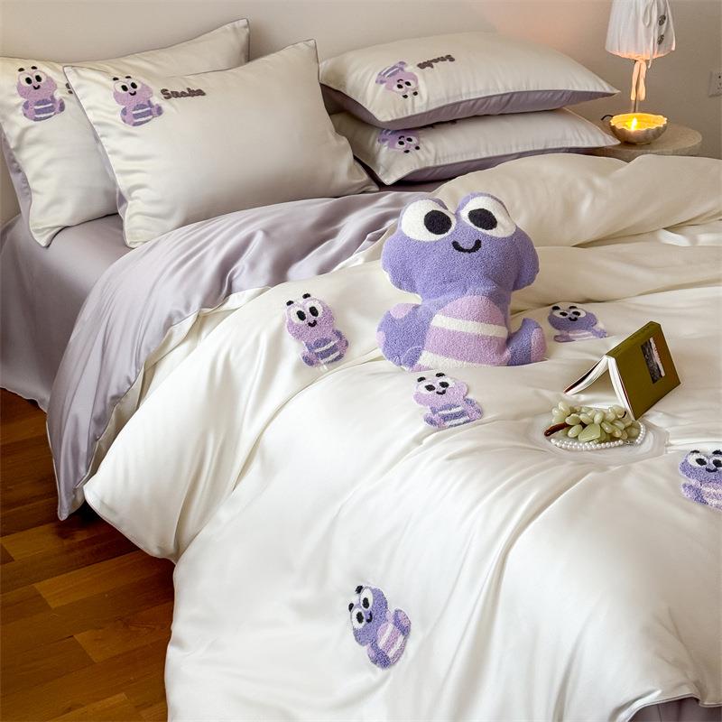 夏季卡通巾绣6精0支兰天丝四POU件套柔软透气品儿童凉毛感冰丝床