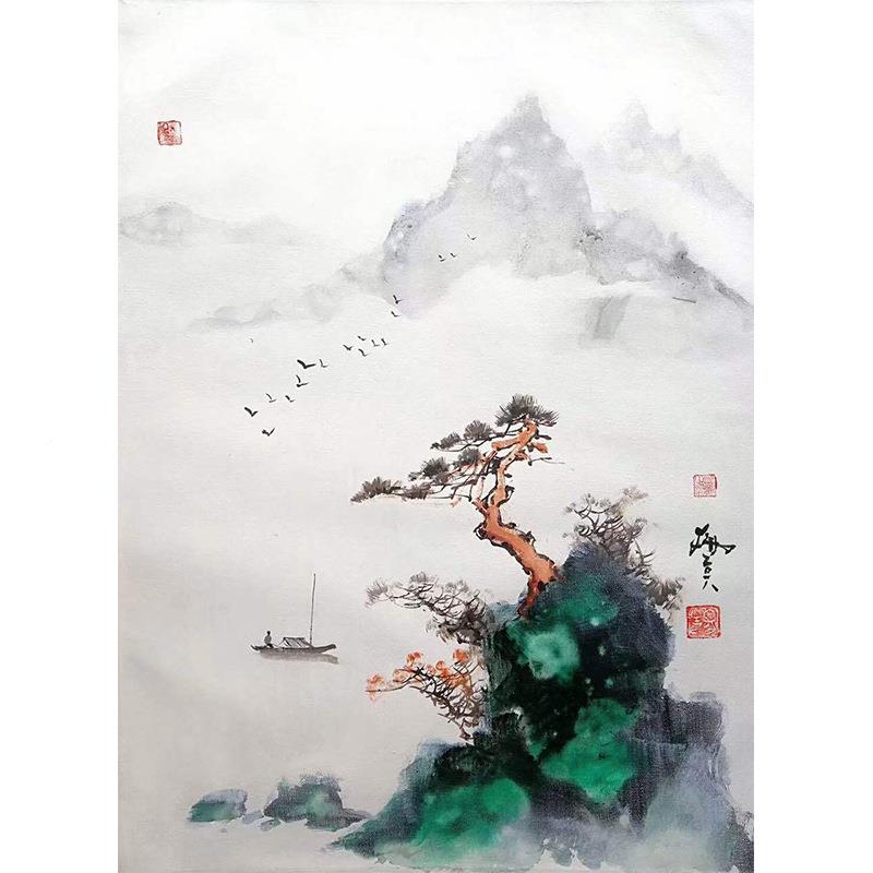 风景油简画厅装挂饰画现代约新无品牌/中式山客水壁画春江泛舟图