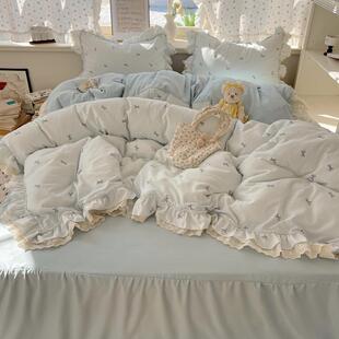 A类母婴纯棉裸睡双层四纱件套蕾丝花边软糯学生宿80112舍床床裙级