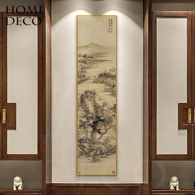 中式挂竖版长条山画客厅国新画玄关装画饰画过道书房水茶室ZWWEZW