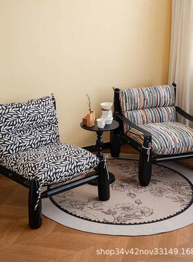 棒球椅中古风Y41氛实木沙设计师家客厅条纹布艺单人休闲椅围感用