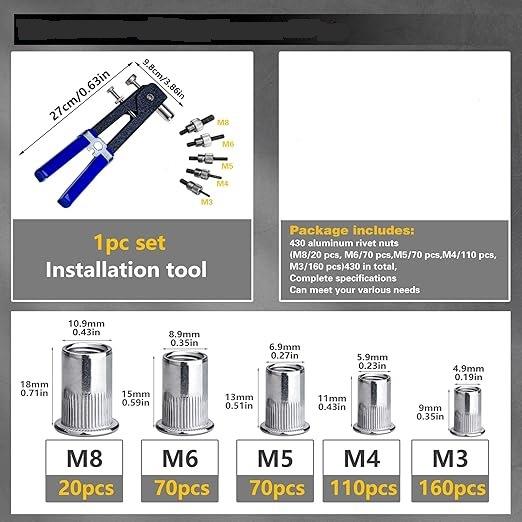 压力铆螺母工具套件，430KUB件制螺母组合（M8/M公铆6/5/MM4/M3）