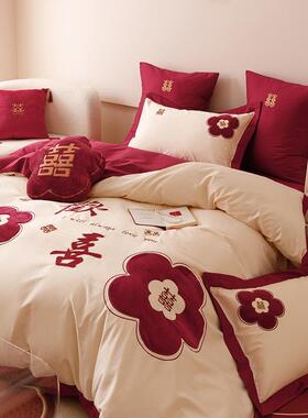 春夏简60支婚棉庆四36023件套欢喜花瓣C刺绣结婚红色约被套床单床