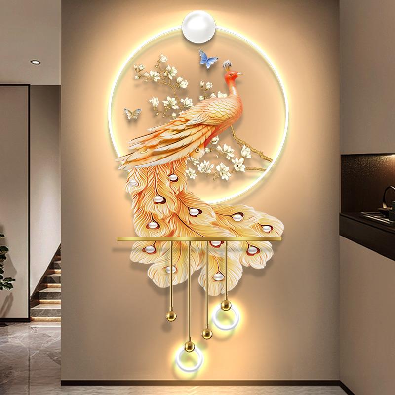 孔雀现代轻奢玄关装饰画感应LED灯光挂画走廊立体发光艺术壁灯图片