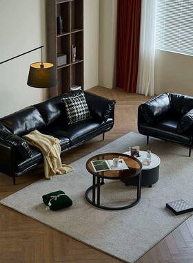 意式轻沙奢简发小户型客厅极46157现代皮艺复古黑色办公接双三人