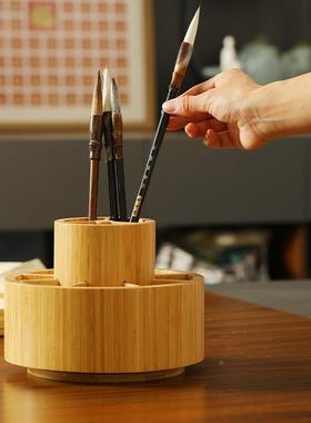 创意圆形可转动宝竹笔筒毛笔房文四学生办XRR公室桌面多功能木收