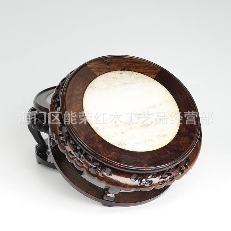 黑檀嵌大理石圆底座实木中式工艺品摆件奇石头花瓶底座木质托架