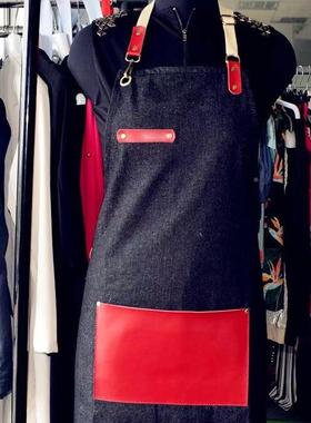 定8.14制真皮大口袋织水帆布洗围裙牛仔工作围定裙带制logo