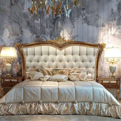 法式意大利靠奢宫廷床双人床实木卧金箔贝华壳床布艺软欧式主FDG-