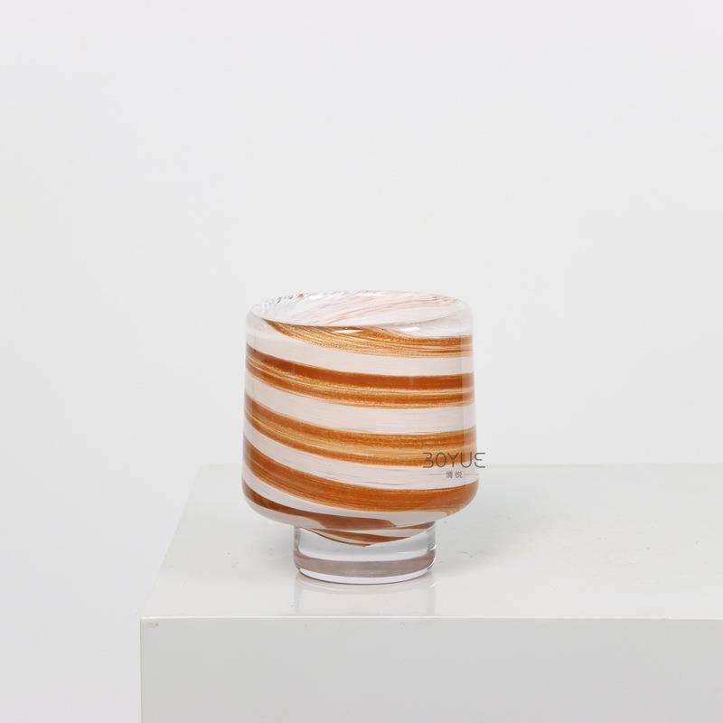 创约意色条纹脚琉EKN璃花瓶现代简橘售楼处洽谈高桌软装花艺装饰