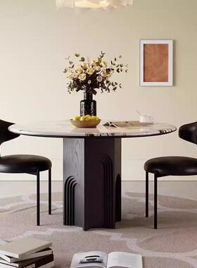 用小户型法式复古师LS-085黑色岩板餐桌椅设计中古高风端家实木圆