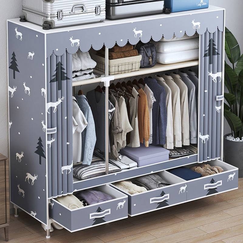 带抽屉家用卧室布衣柜简易组装出租房用简装收纳柜子2023新款衣架