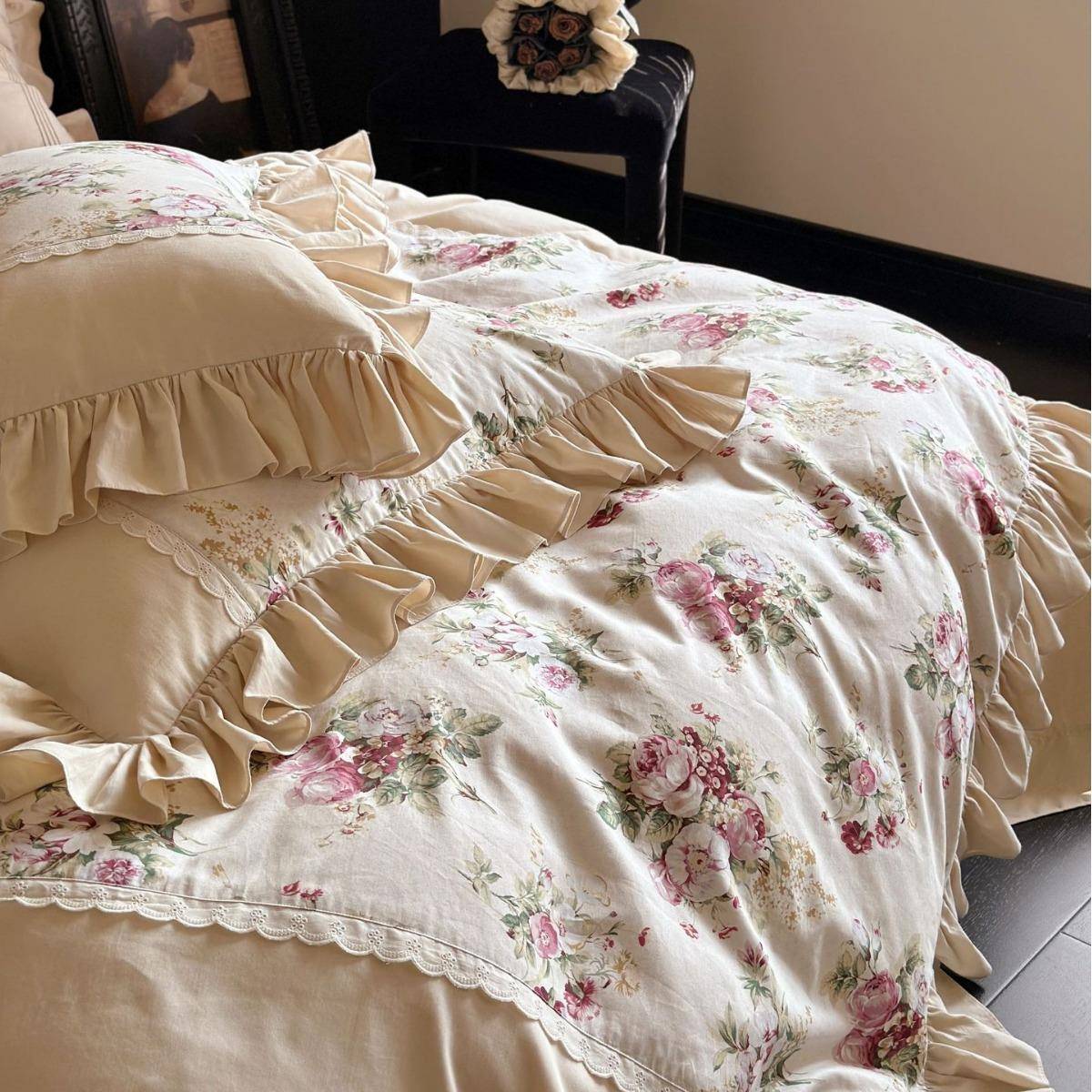 法式公主贡缎磨毛面料圆角吊边床叶单60贡缎磨YSL件毛荷边四风套