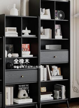 实木书柜橡木复古全黑色奢书架FPG轻柜中古客厅美式立展示柜储物