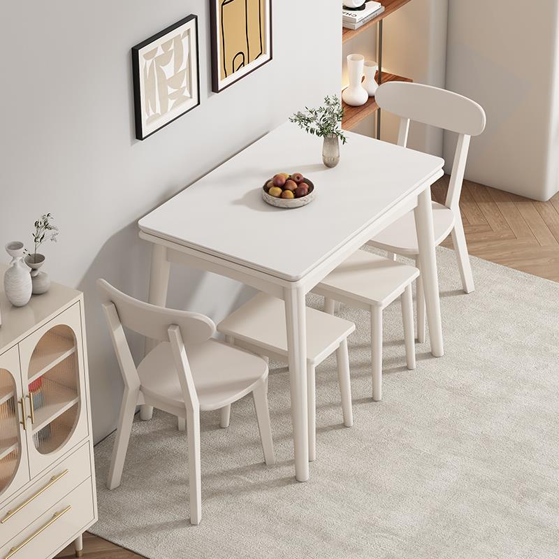 板IOZY岩折叠餐桌家用户型奶油L风现代简约伸缩实木餐桌小椅组合