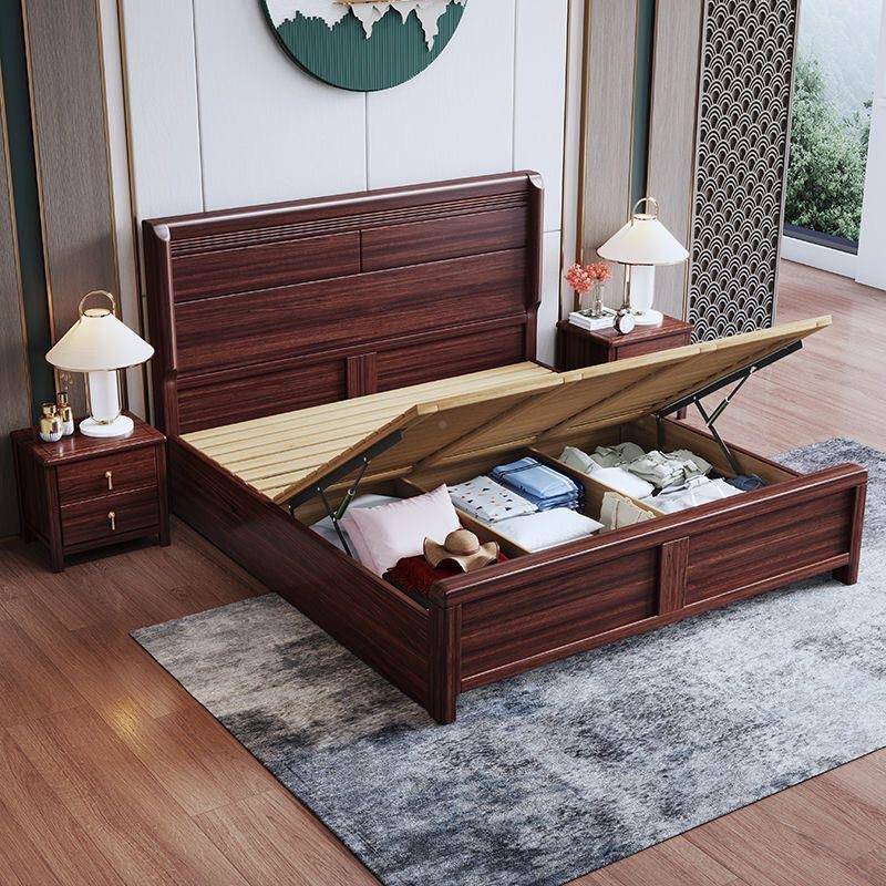 新中JGH式5乌金木实木床1.米主双人大床1.8米带卧气抽屉压储物高