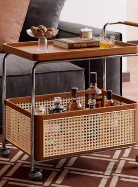 实木移动带轮边几锈钢收纳中古小推车客不66070简厅茶储物藤编置