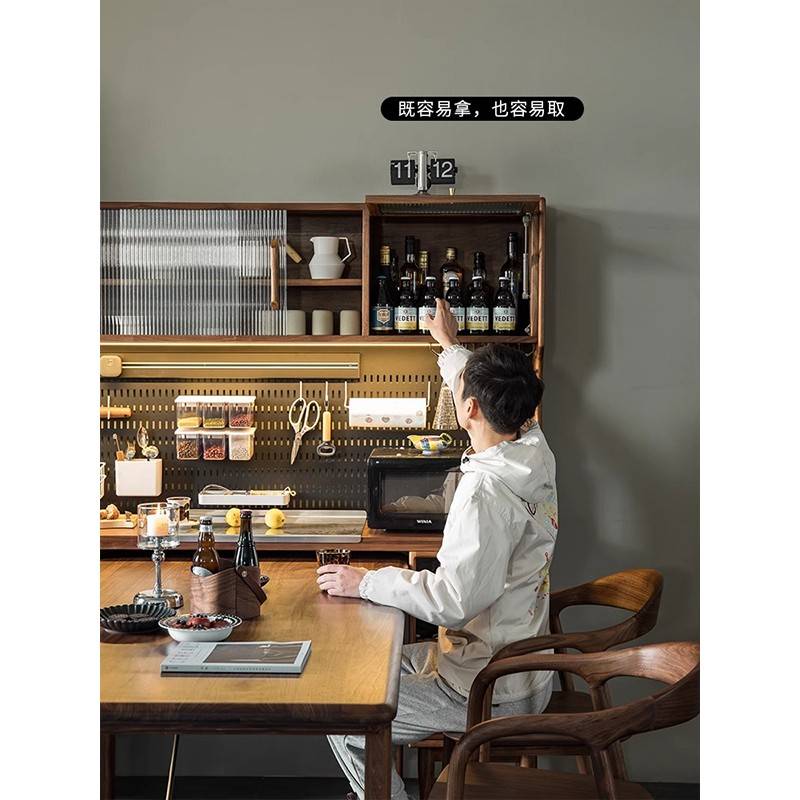 I1餐边柜餐桌北美黑胡桃木一体靠墙高柜带嵌桌子酒柜橱柜客厅多功